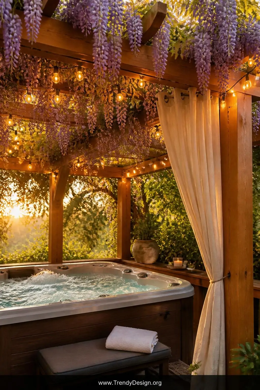 Medium photorealistic shot of a cedar pergola framing a bubbling hot tub below, cream linen outdoor curtains draped from dark