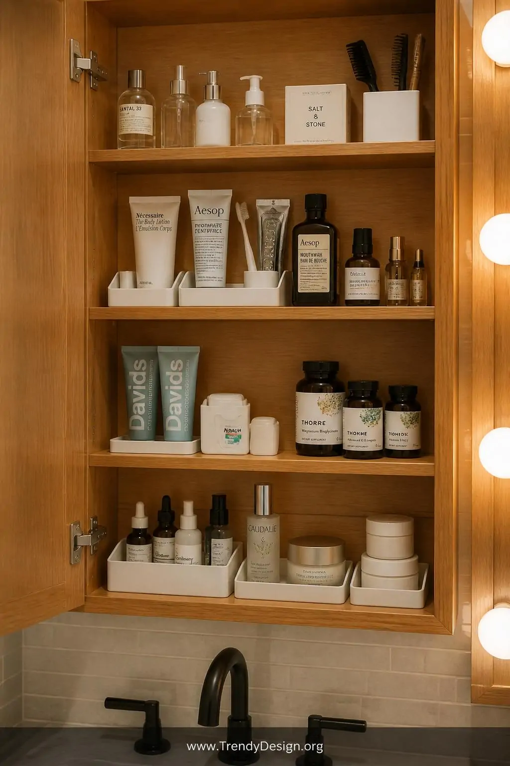 A medium shot of an open wood-framed medicine cabinet with warm oak shelving, items neatly separated into distinct groupings 