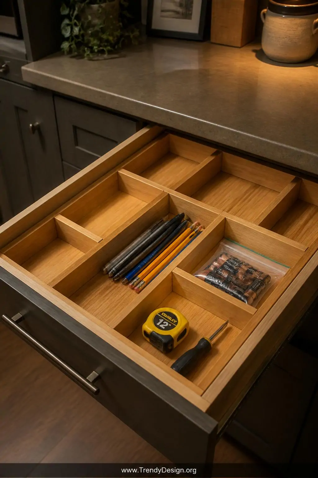 A medium-distance shot of a deep kitchen drawer fitted with sleek bamboo adjustable dividers creating perfectly sized rectang
