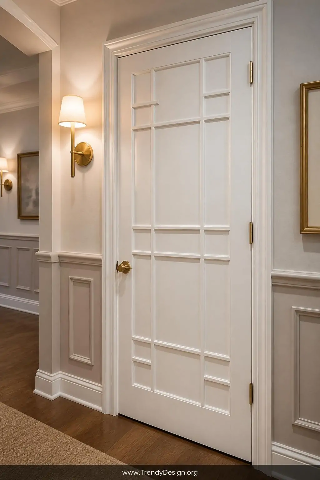 A medium-distance photorealistic interior shot of a bright hallway featuring a crisp white flat-panel door transformed with p
