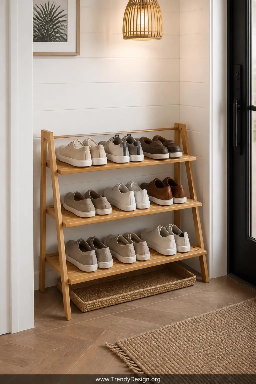 A slim three-tier angled bamboo shoe rack positioned flush against a white shiplap entryway wall holds eight pairs of neutral