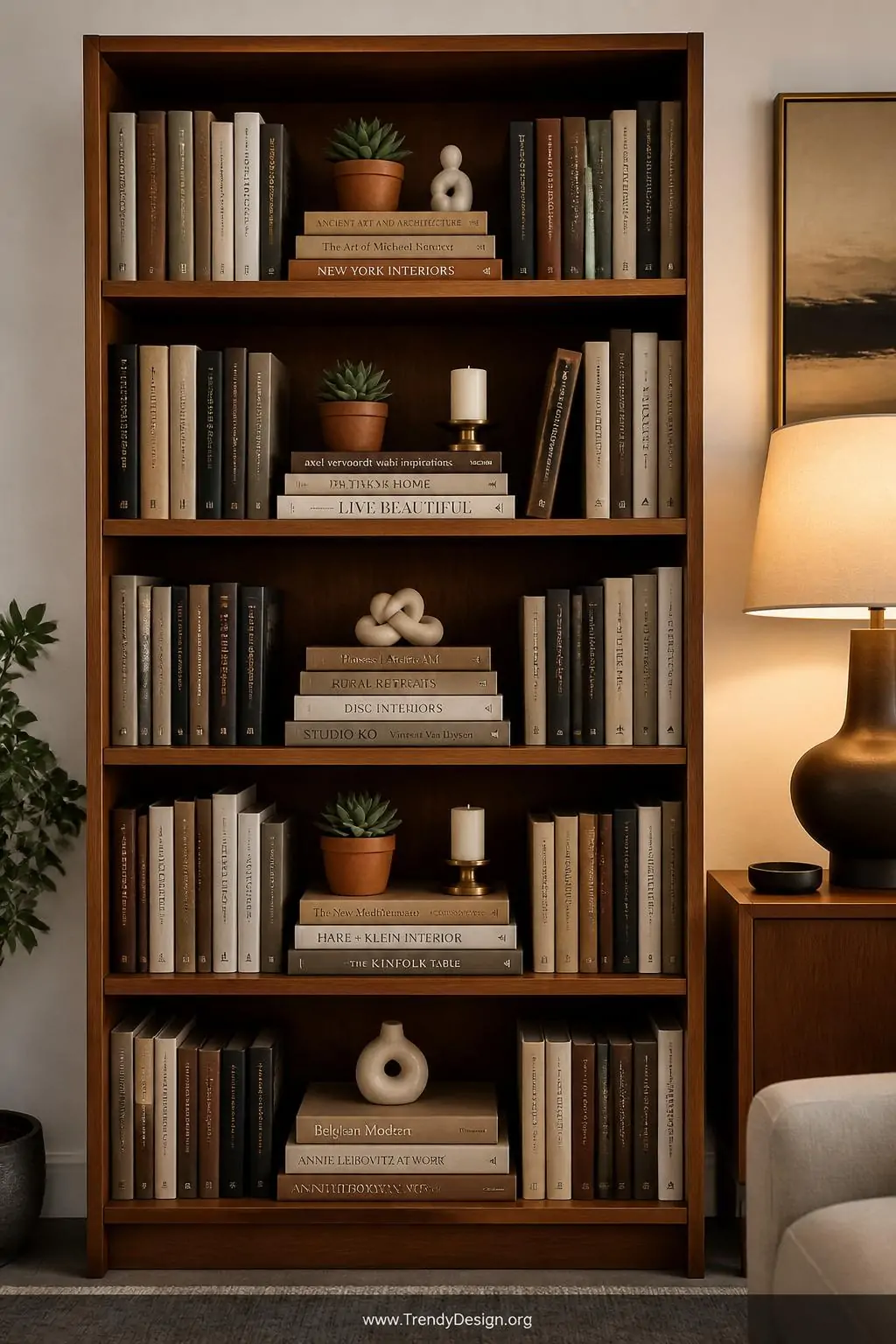 Medium shot of a mid-century modern walnut bookshelf where alternating sections of vertically standing books are interrupted 