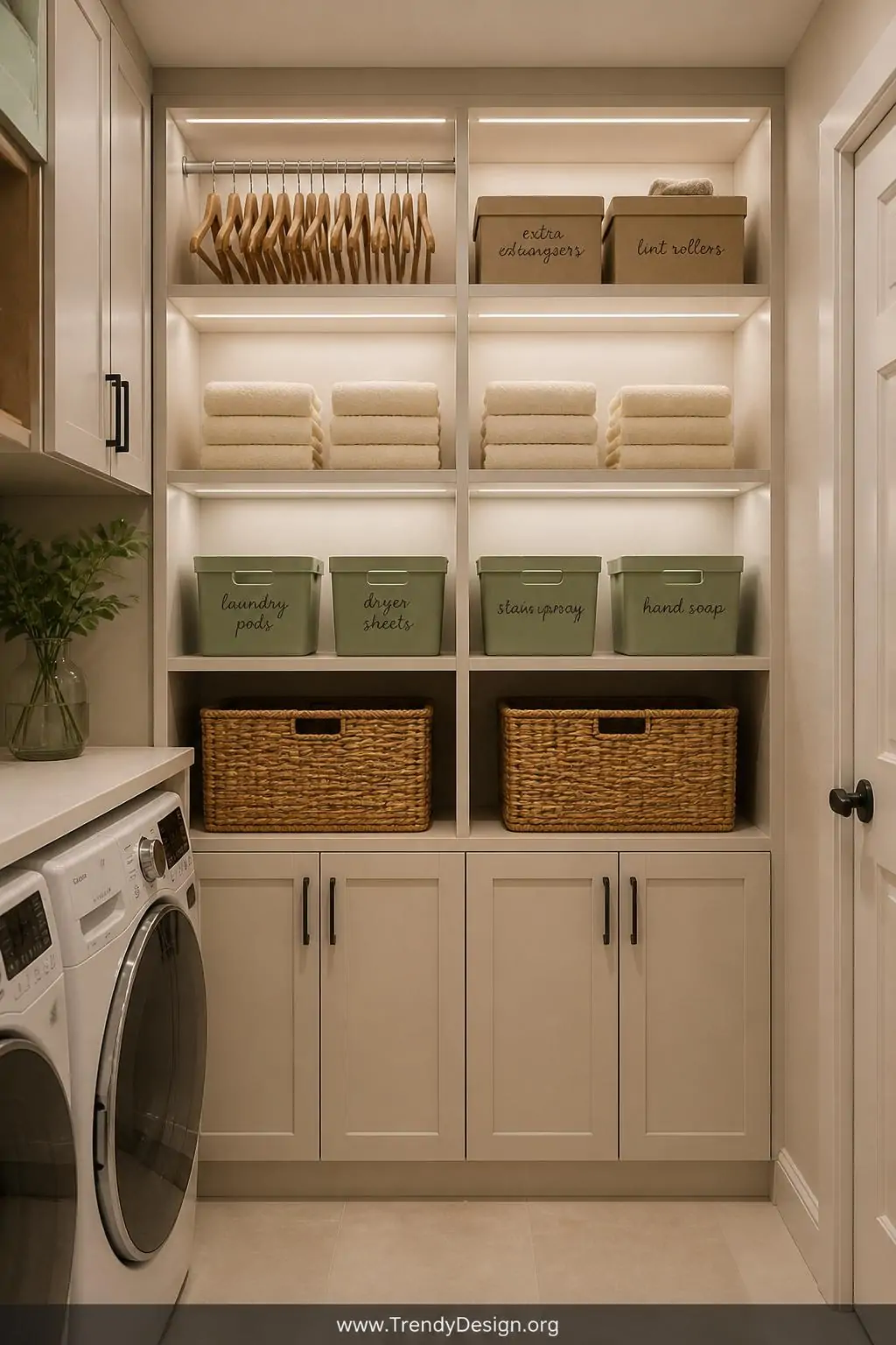 Medium shot of a floor-to-ceiling built-in shelving unit spanning an entire wall of a narrow laundry room, constructed from w
