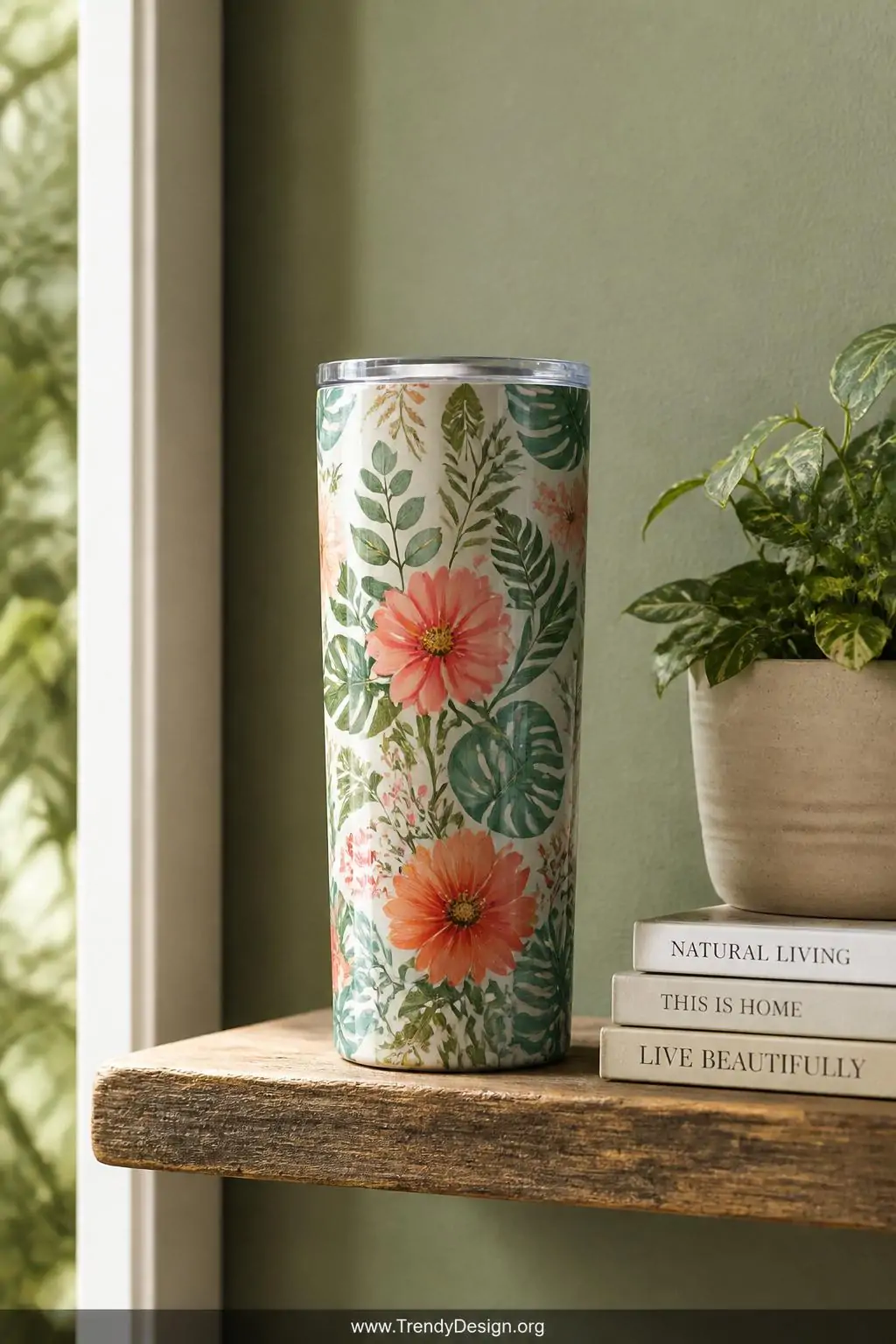 A medium shot of a tall sublimation tumbler resting on a weathered wooden shelf against a soft sage green wall, completely wr