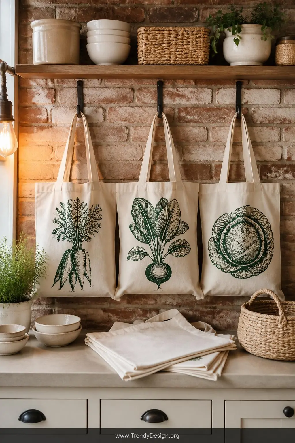 Medium shot of a bright farmhouse kitchen counter styled with three natural canvas tote bags hanging from iron wall hooks, ea
