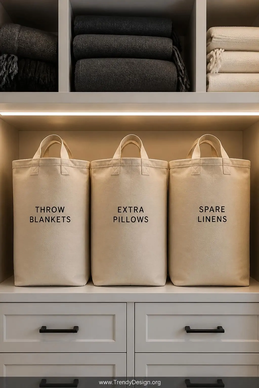 A neatly organized bedroom closet shelf photographed at medium distance, three matching natural canvas tote bags standing upr