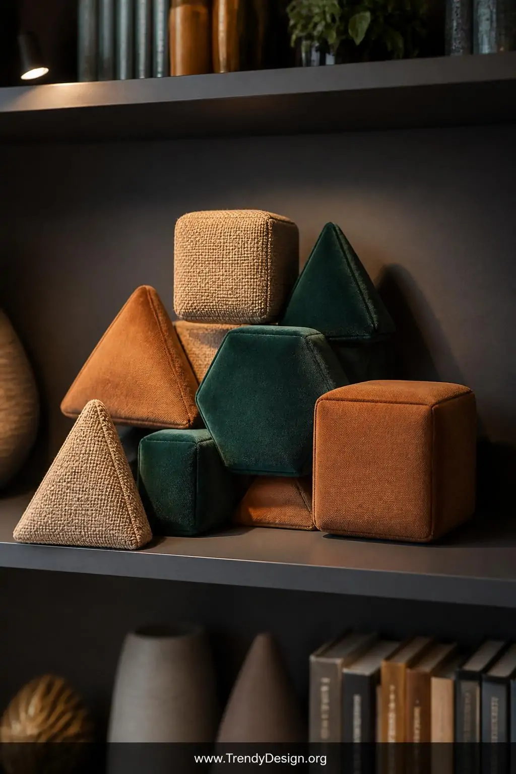 Medium shot of a styled modernist shelf displaying a clustered arrangement of stuffed geometric fabric sculptures in triangle