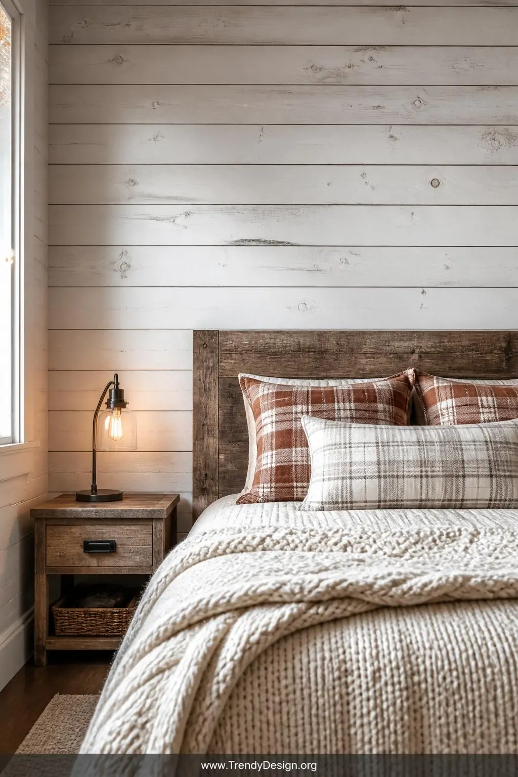 Medium photorealistic interior design shot of a cozy bedroom accent wall covered in horizontal whitewashed pine shiplap plank