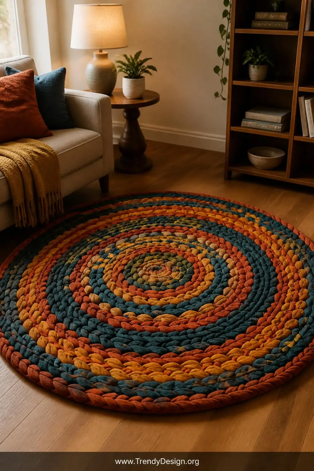 A cozy living room floor captured in a tight medium shot, featuring a thick spiraling braided rug made from richly colored je