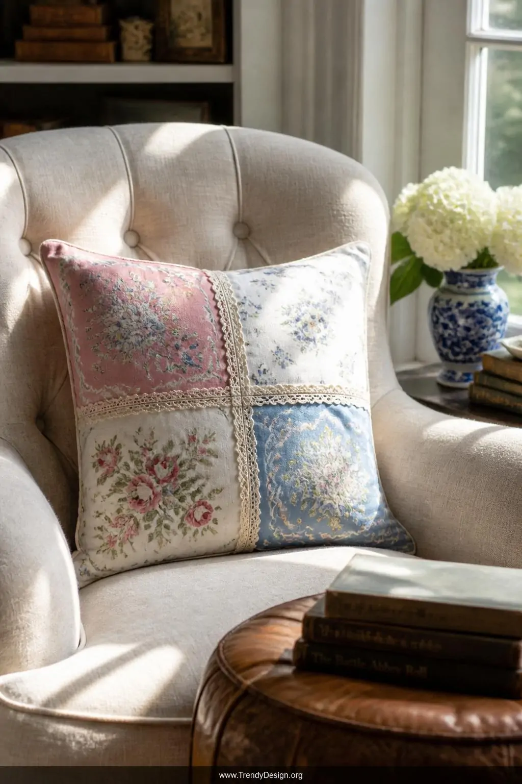 Medium shot of a cozy reading nook with a tufted cream linen armchair holding a patchwork throw pillow assembled from four vi