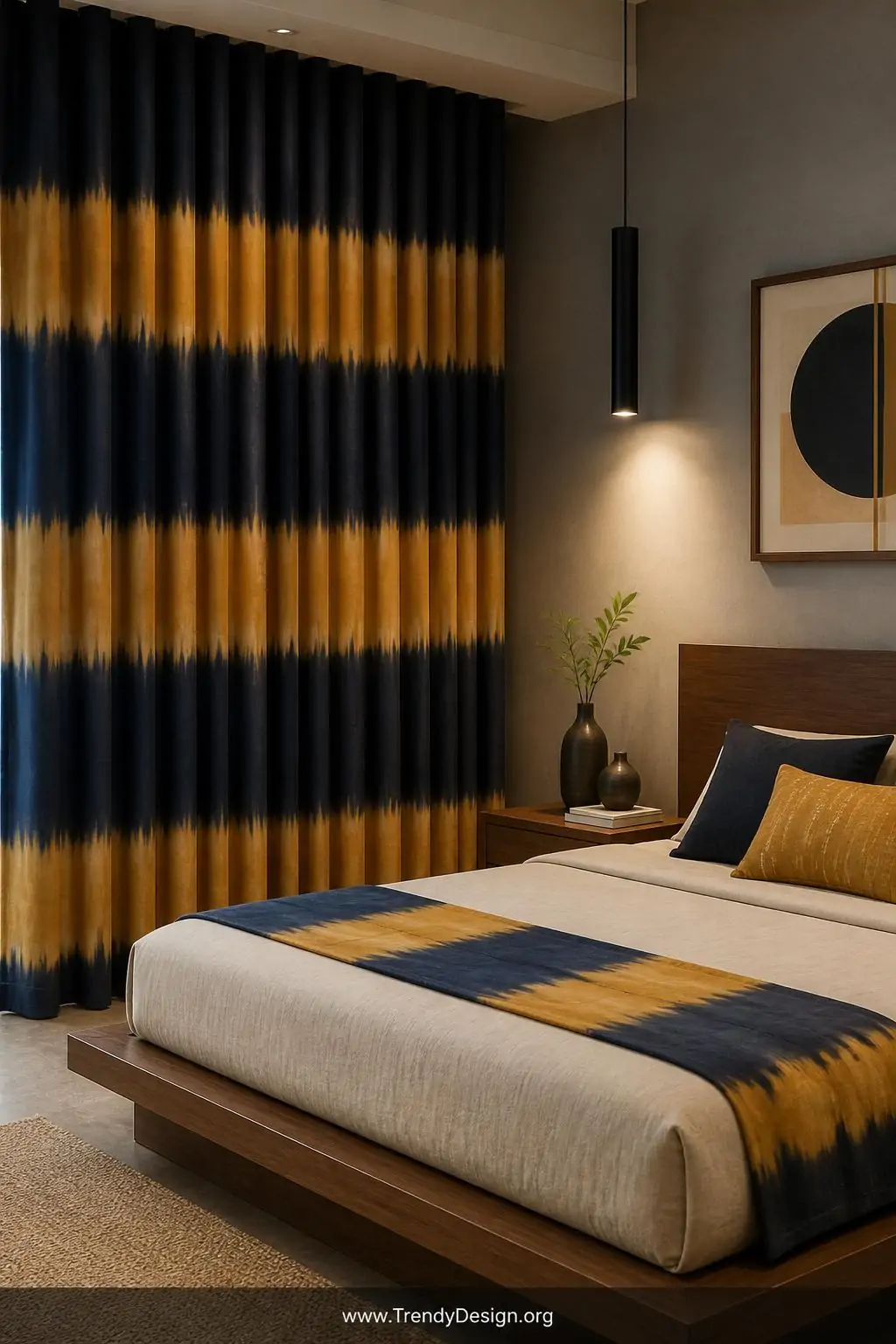 A medium-shot photorealistic interior design image of a contemporary bedroom corner where floor-length lightweight curtain pa