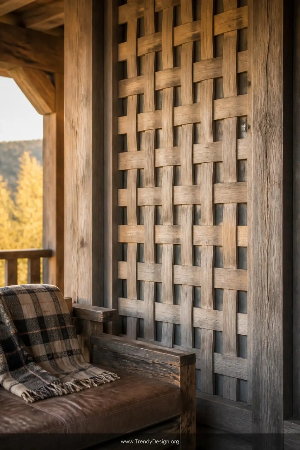 Medium-shot photorealistic image of a cedar wood lattice panel on a rustic farmhouse porch, weathered light gray stain reveal