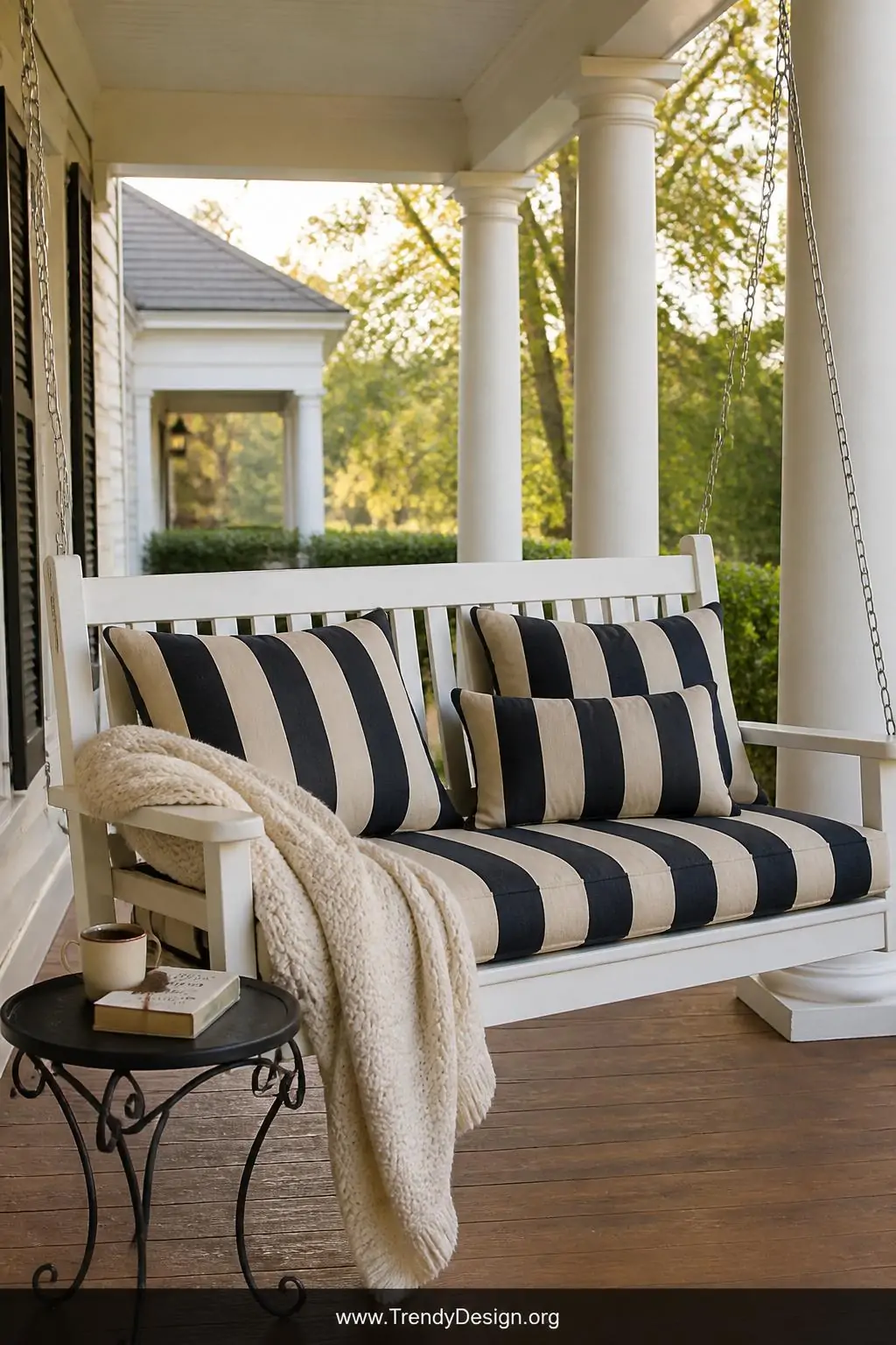 Medium photorealistic shot of a classic white wooden porch swing hanging from a colonial front porch ceiling by polished chai