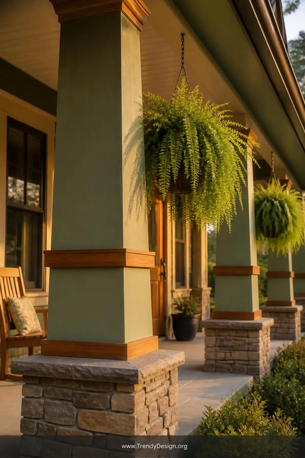 A medium photorealistic shot of a Craftsman bungalow porch showcasing tapered square columns wider at the base and narrowing 