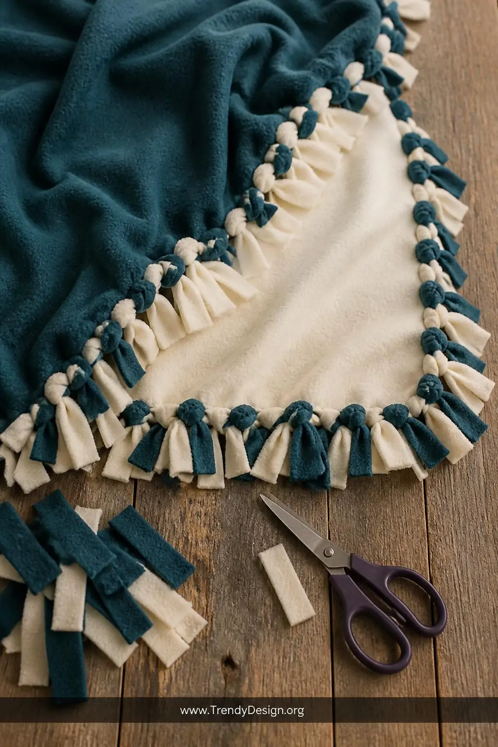 A medium-shot photorealistic flat-lay on a rustic wooden table showing two layers of contrasting fleece fabric in deep teal a
