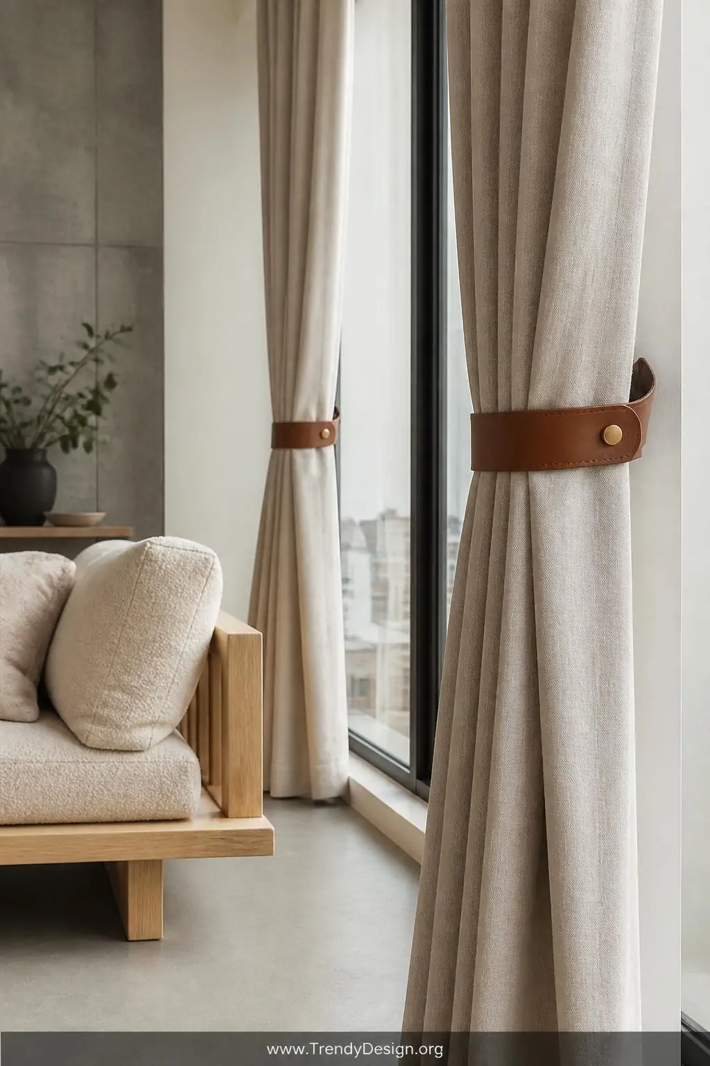 Medium-shot photorealistic interior of a sleek Scandinavian living room where cognac leather strap tiebacks with polished bra