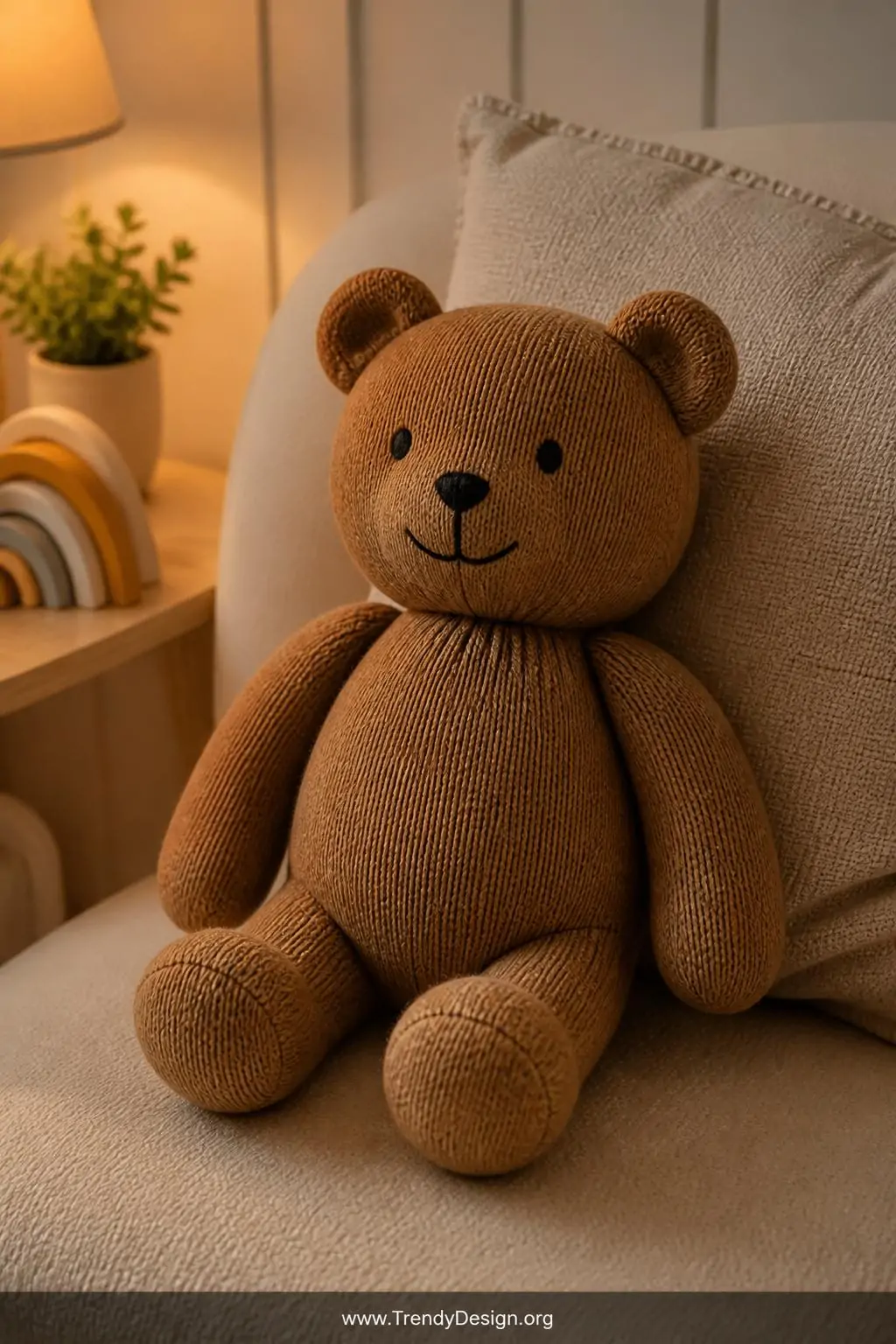 A photorealistic medium shot of a cozy nursery reading nook corner featuring a chunky round-bellied sock bear plushie resting