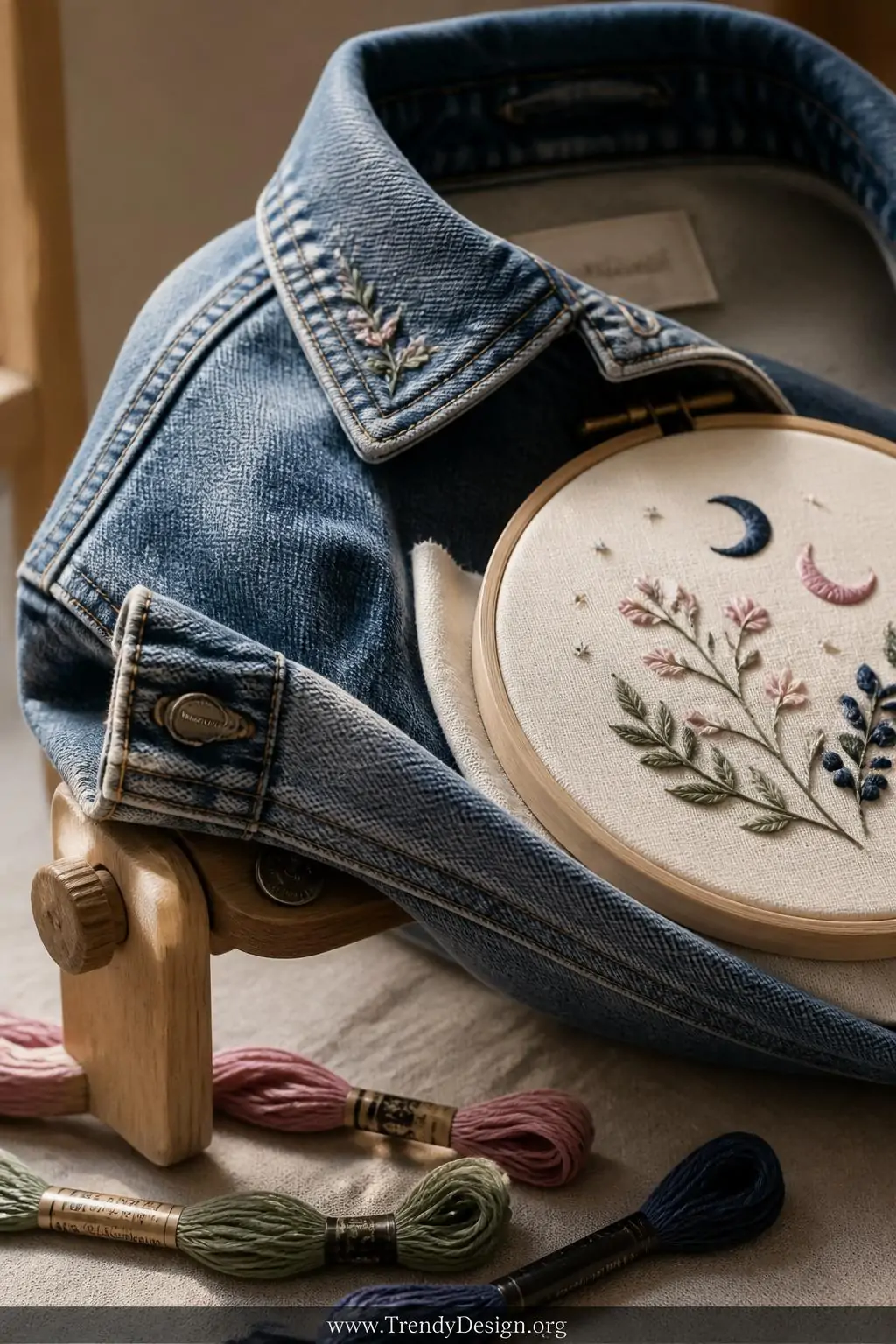 A close-up shot of a denim jacket collar and cuff area draped over a weathered oak embroidery stand, a small wooden hoop clam