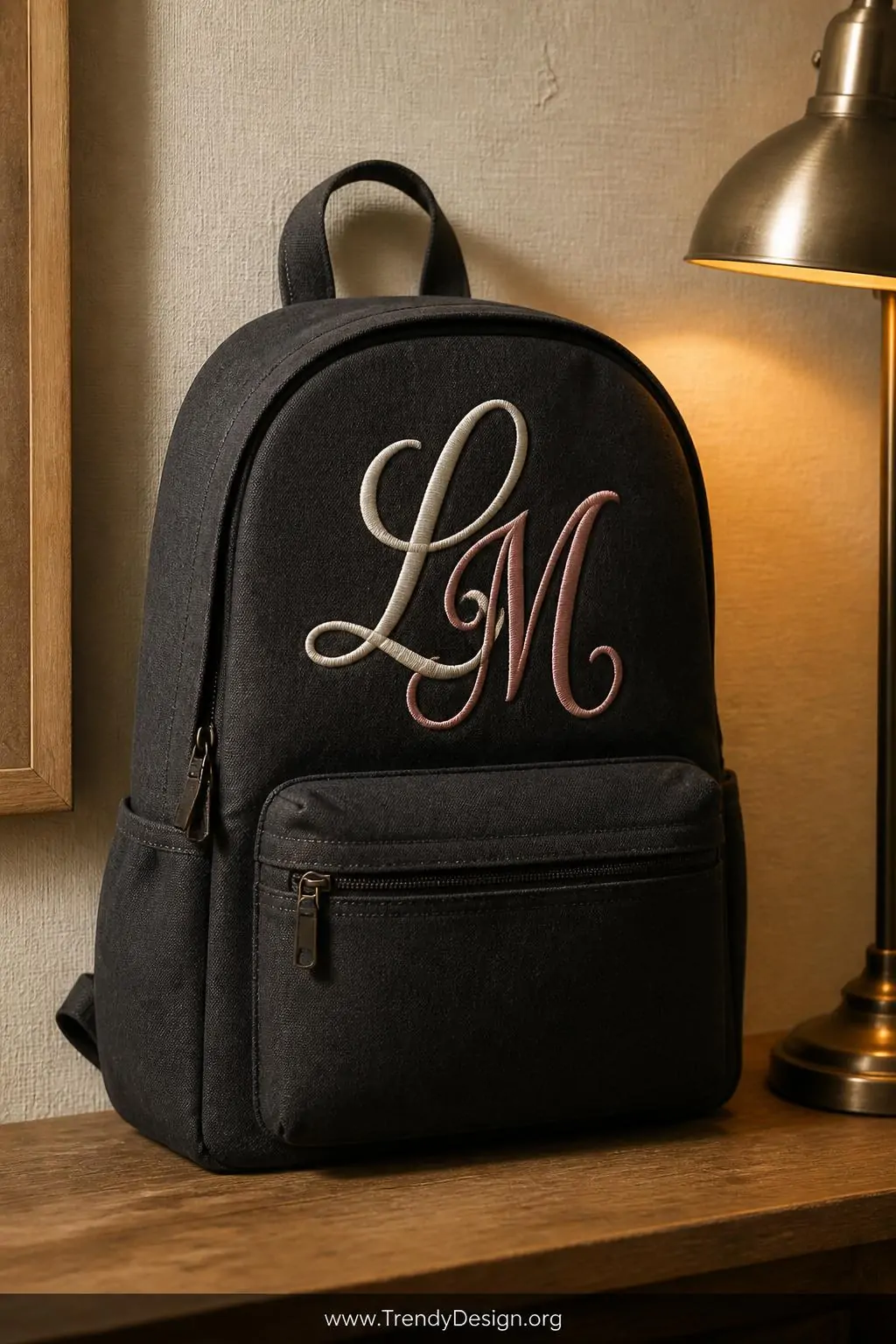 A deep charcoal canvas backpack propped upright against a cream linen textured wall beside a warm amber desk lamp casting sof