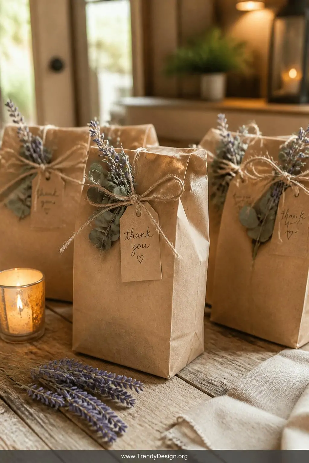 A medium-shot styled vignette on a weathered wooden farmhouse table featuring rustic kraft paper bags sealed with double-knot