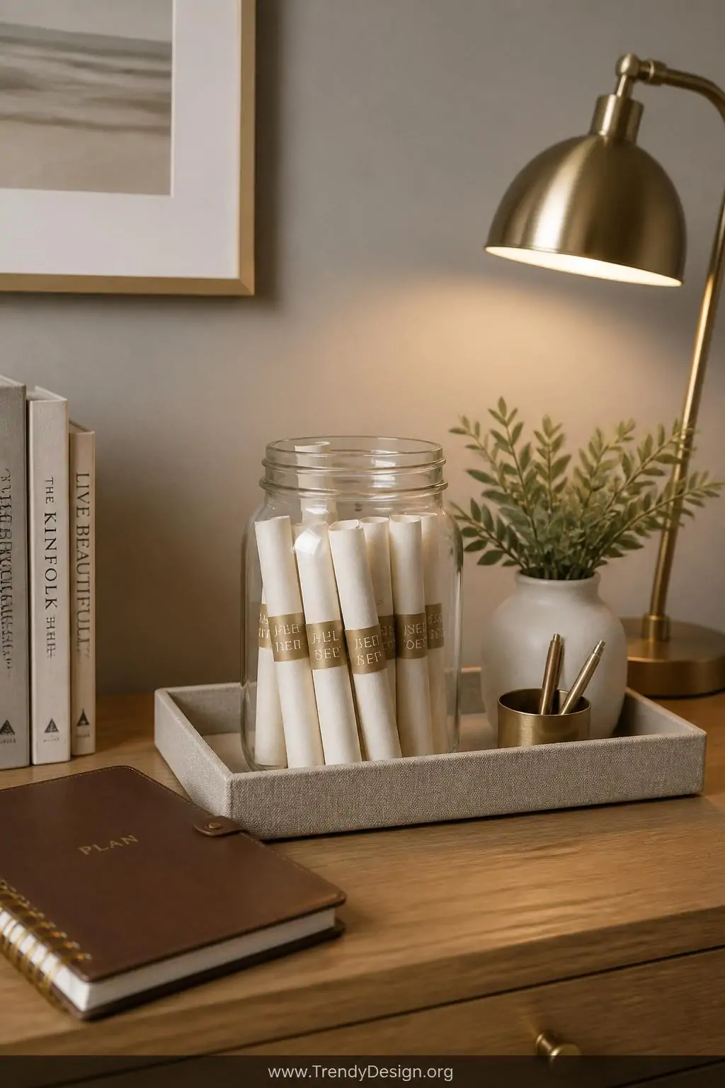 A medium-shot photorealistic interior of a minimalist home office desk in warm oak, featuring a clear glass jar neatly organi