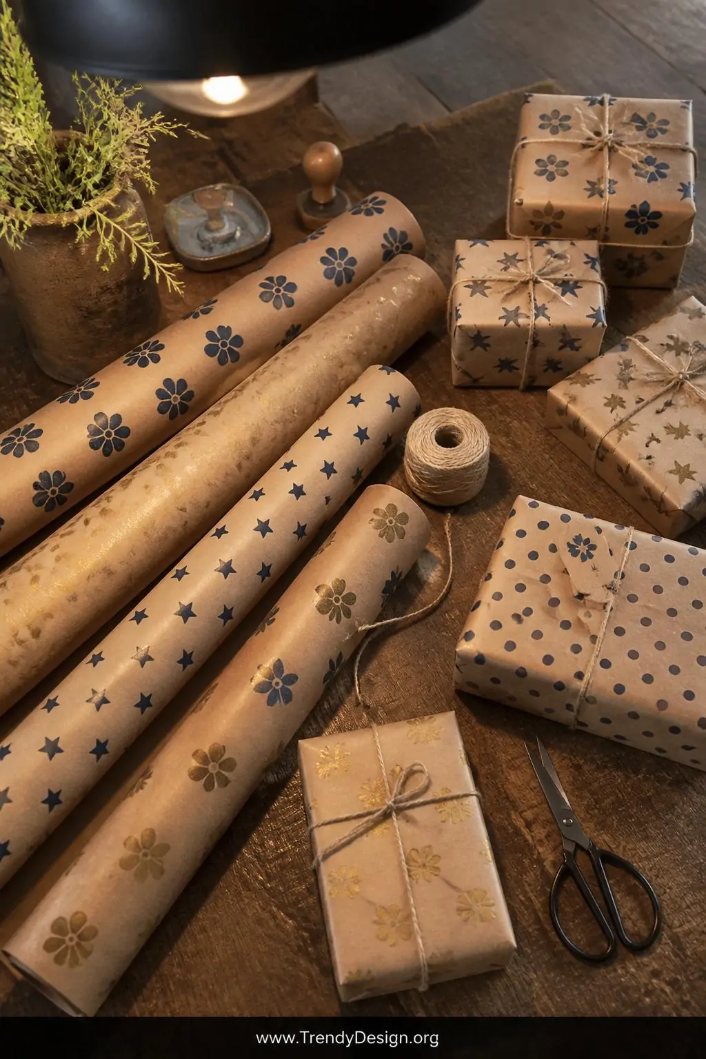 A medium-shot photorealistic flat-lay of a rustic wooden table surface covered in kraft paper rolls stamped with navy and gol