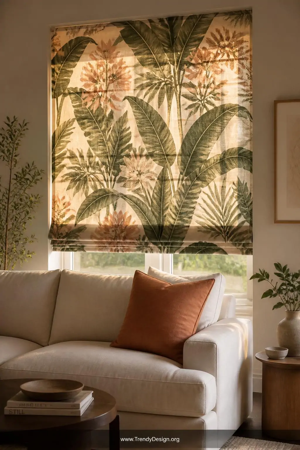 A close-up medium shot of a bold large-scale botanical print Roman blind fully lowered in a bright neutral living room, lush 
