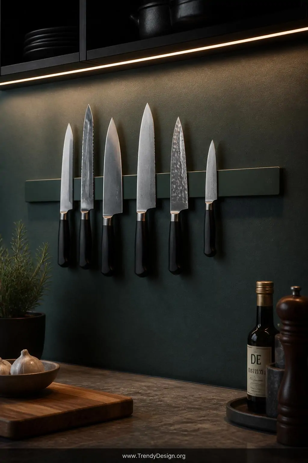 Matte forest green painted magnetic knife strip blending seamlessly into a deep green kitchen wall, knives appearing to float against the moody backdrop, warm under-cabinet lighting illuminating the blade edges, closeup shot revealing the intentional color-matched detail where strip and wall meet invisibly, photorealistic interior design.