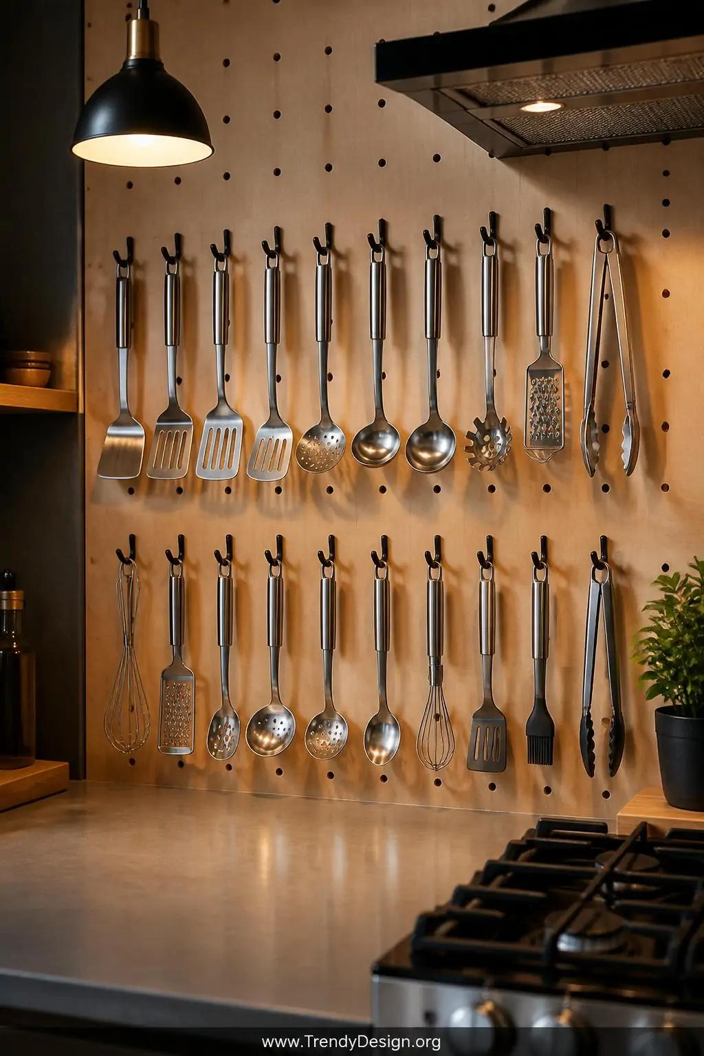 Matte black S-hooks holding a full collection of stainless steel spatulas, ladles, whisks, and tongs each in its own designated spot on a natural birch pegboard beside a gas stove, warm overhead pendant light catching the polished metal surfaces, medium shot showing the organized wall with clear counter space below.