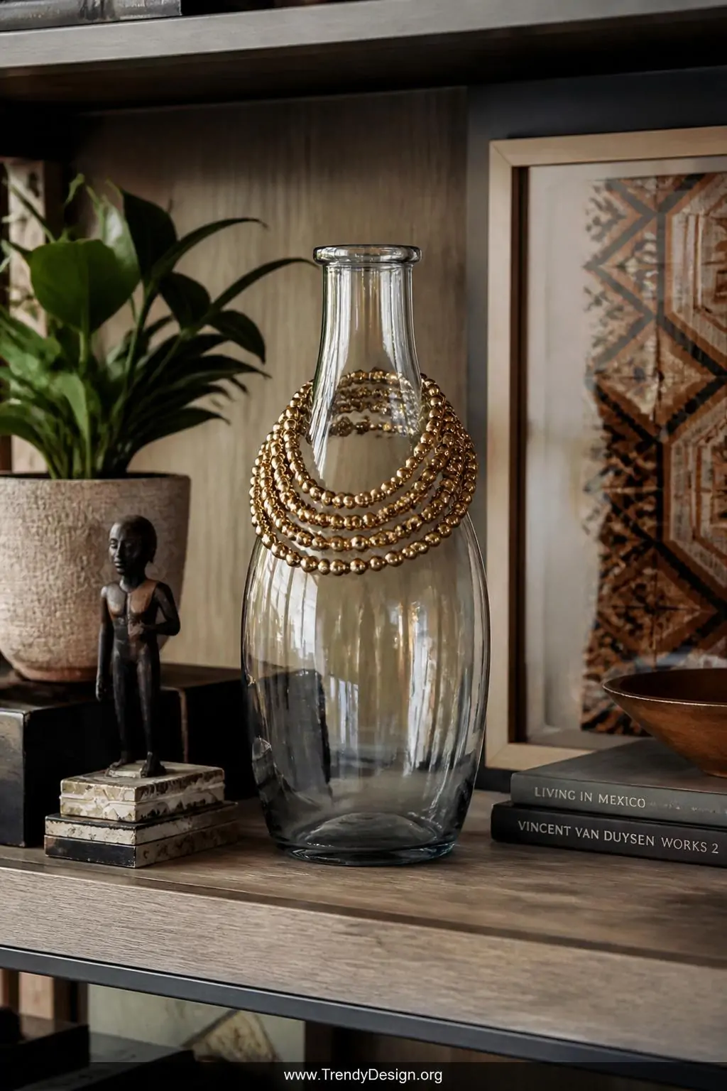 Beaded gold metal necklace wrapped around the neck of a clear glass bottle on a styled wooden shelf, eclectic living room vignette, warm ambient light catching each bead's reflection against the transparent vessel, medium shot.