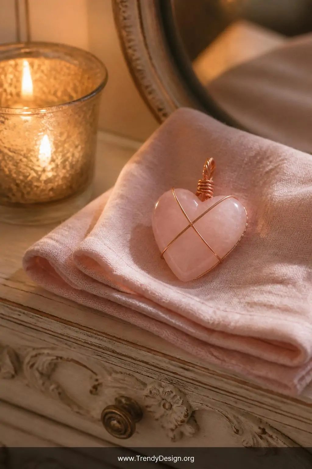 Rose quartz heart pendant wrapped in rose gold wire resting on a folded blush linen cloth atop a vintage dresser, warm candlelight glow casting soft shadows, closeup highlighting the X-wrap and twisted bail