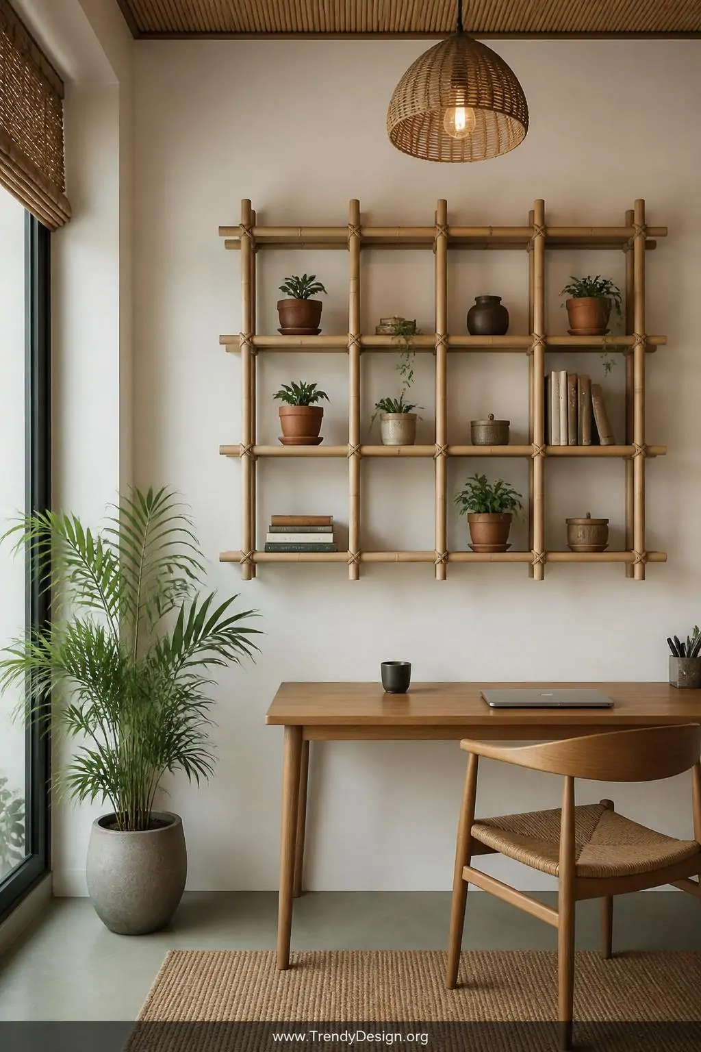 Bamboo floating wall shelf mounted in a minimalist home office, grid-lashed thin reeds forming cubbies holding small terracotta pots and stacked books, wide shot showing full wall context, warm pendant light overhead, muted sage and warm white palette, natural rope ties at joints, clean spa-like aesthetic, photorealistic interior design