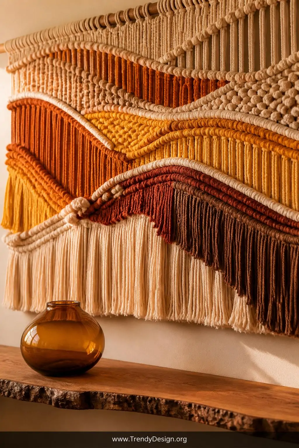 A close-up photorealistic shot of a woven macrame wall hanging featuring rich gradient sections of rust orange, golden yellow