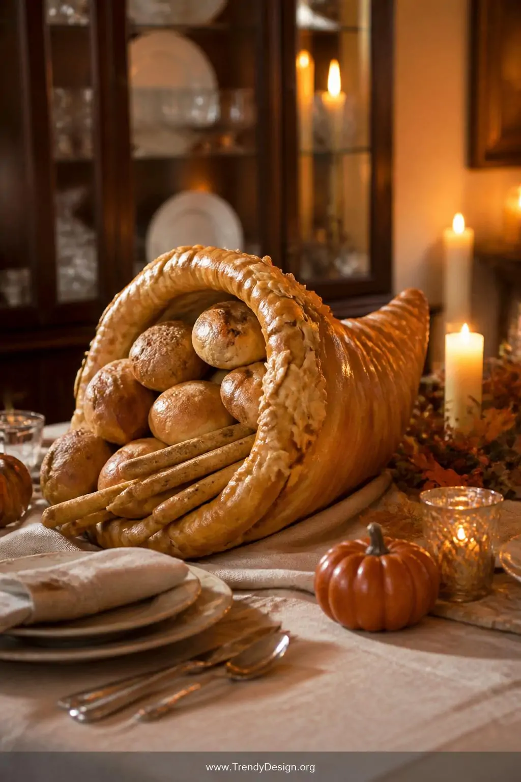Golden-baked bread dough cornucopia filled with rustic dinner rolls and breadsticks on a linen-draped Thanksgiving dining table, warm amber candlelight, medium shot, photorealistic interior design