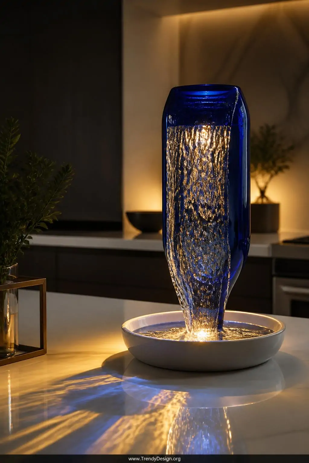 Inverted cobalt blue wine bottle waterfall fountain with a shimmering sheet of water flowing down its curved glass surface into a shallow white ceramic dish on a modern kitchen countertop, golden light refracting through the blue glass casting jewel-toned reflections across the white surface, photorealistic interior design, closeup shot.