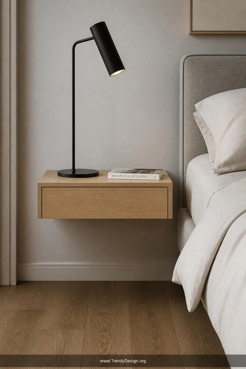 Small rectangular white oak floating nightstand mounted flush to a soft greige wall beside a bed, holding only a slim matte black lamp and a single paperback book, medium closeup shot emphasizing the open floor space beneath and the clean shadow line where wood meets wall.