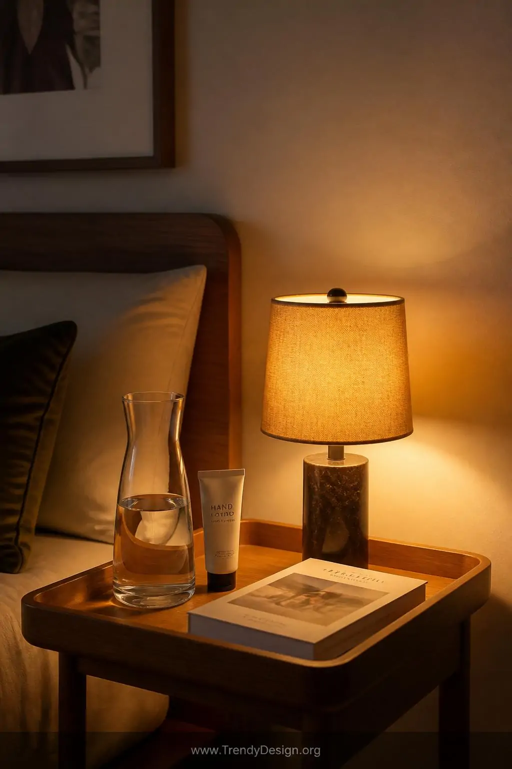 Small wooden nightstand tray holding a glass water carafe, travel-sized hand lotion, a paperback book, and a glowing warm amber table lamp casting a golden circle of light in a softly lit guest room, medium closeup shot, photorealistic interior design.