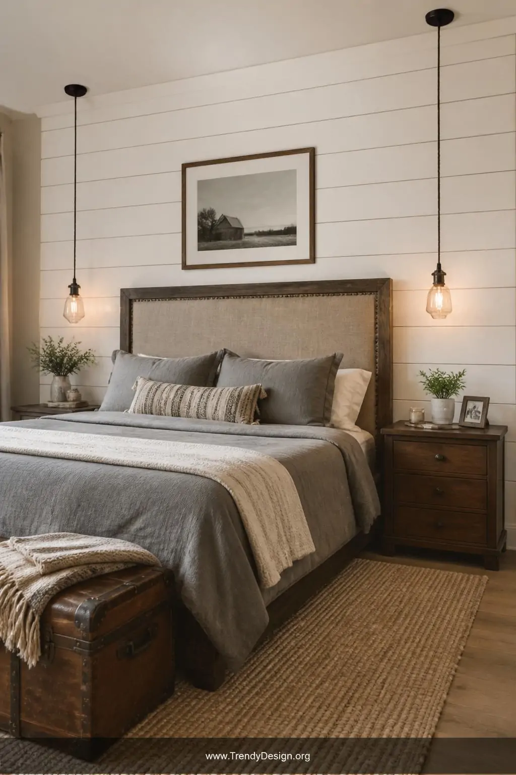 Painted white shiplap wood plank accent wall with horizontal boards running behind a rustic linen upholstered headboard, warm Edison bulb pendant lights flanking each side, medium wide shot of a cozy farmhouse bedroom where the textured architectural paneling creates depth and a custom built-in quality against soft gray bedding and worn leather accents.