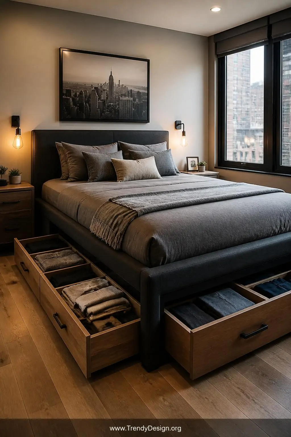 Built-in deep pull-out wooden drawers integrated seamlessly into a upholstered charcoal grey platform bed frame, wide shot of a small organized bedroom with warm Edison bulb sconces, neatly folded clothing stacked inside open drawer revealing clean internal compartments, contemporary urban style.