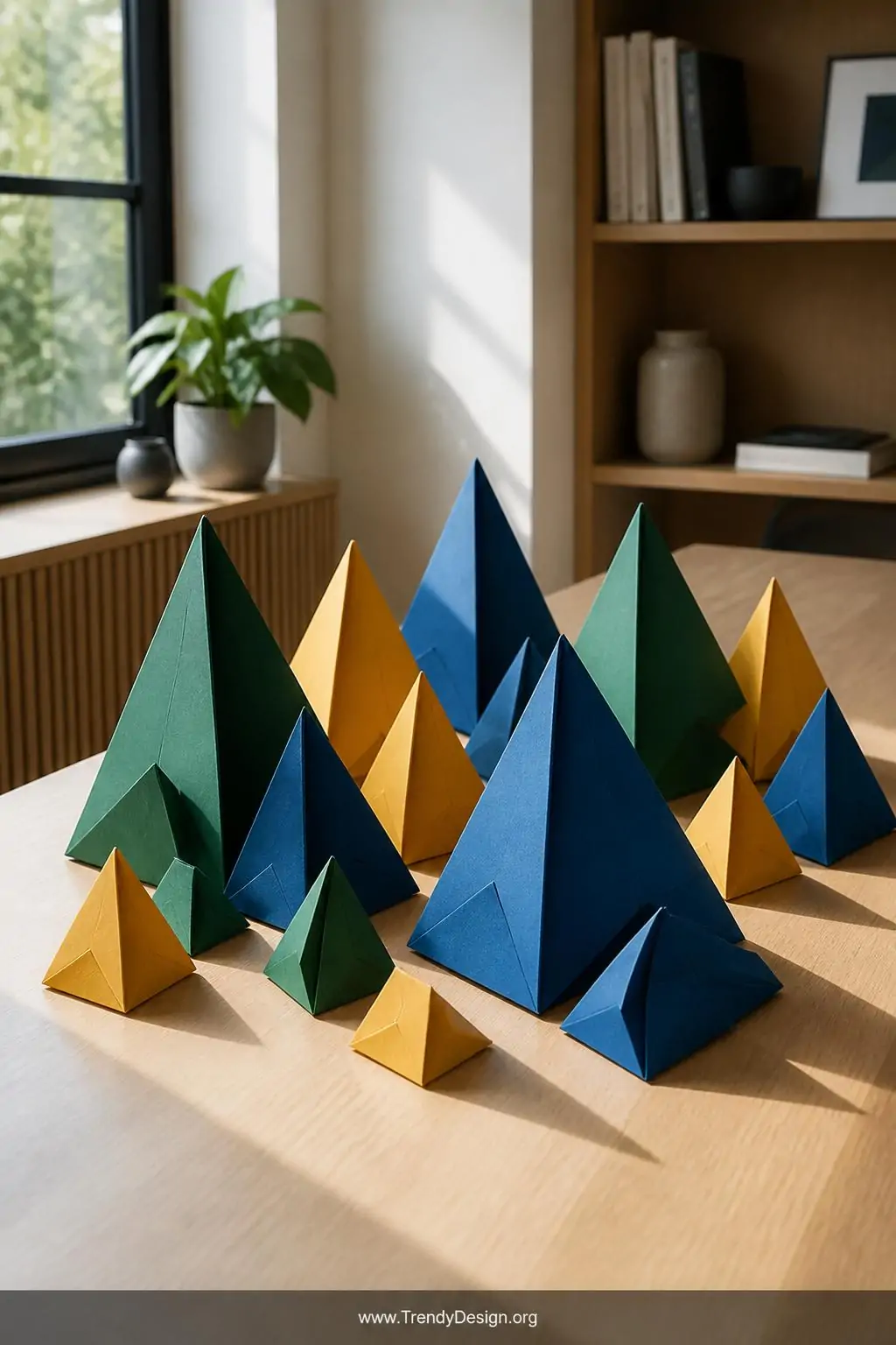 Collection of colorful origami paper pyramids in varying sizes arranged as a geometric tabletop display on a light oak desk, soft diffused window light casting gentle triangular shadows, vibrant jewel-toned folded squares in emerald green, cobalt blue, and saffron yellow, wide shot showing the full stunning arranged grouping.