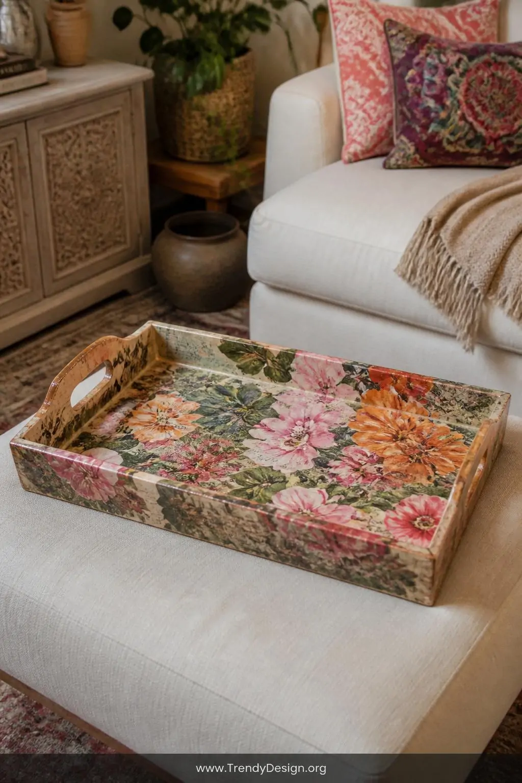 Decoupage wooden serving tray covered in layered floral magazine cutouts and vintage botanical paper sealed in glossy Mod Podge, centered on a cream linen ottoman in a bohemian living room, soft diffused afternoon light, medium shot