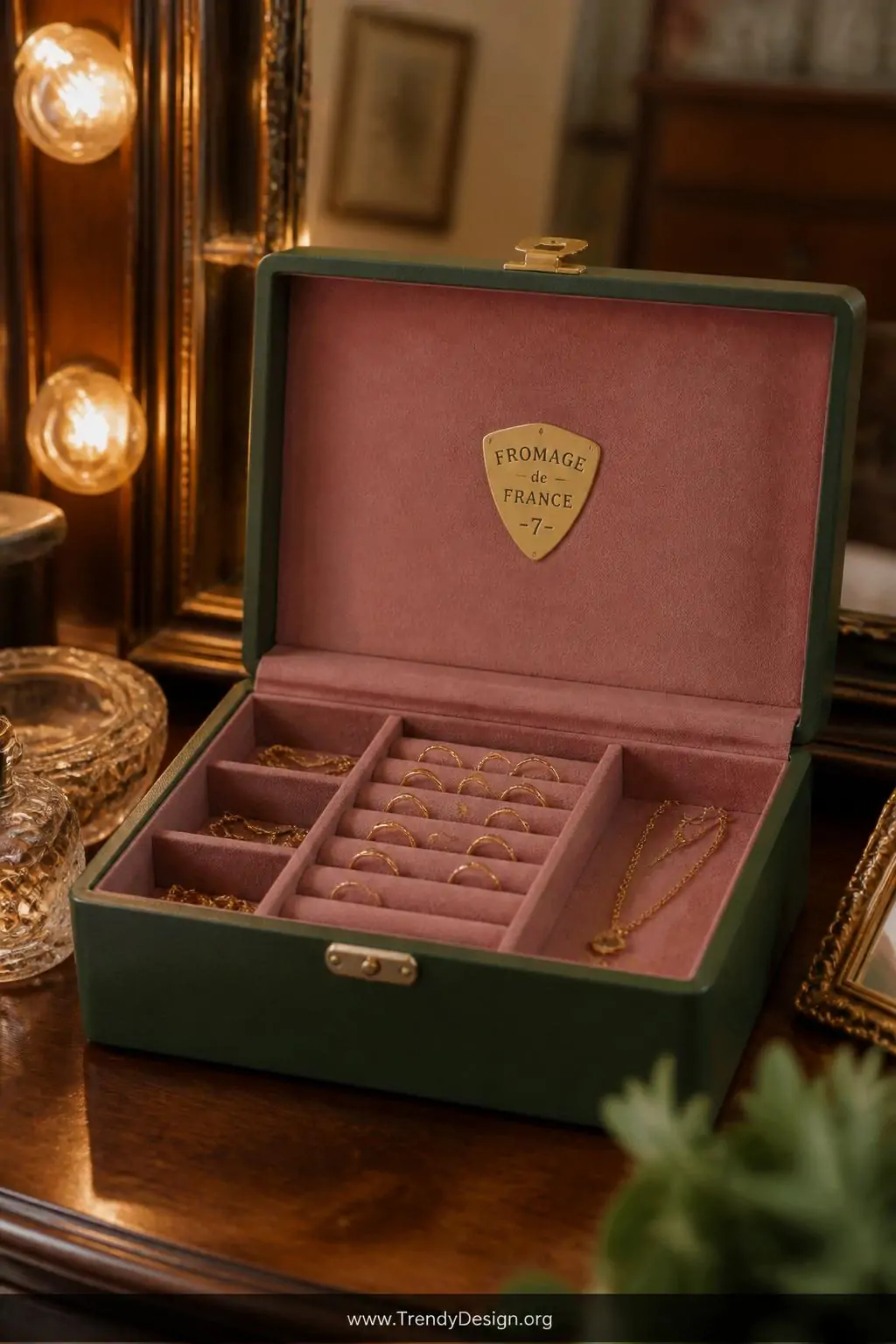 Matte forest green painted cheese box jewelry organizer lined with dusty rose velvet and small cardboard dividers holding gold rings and delicate chains, antique-style bedroom vanity with warm Edison bulb mirror lighting, closeup shot