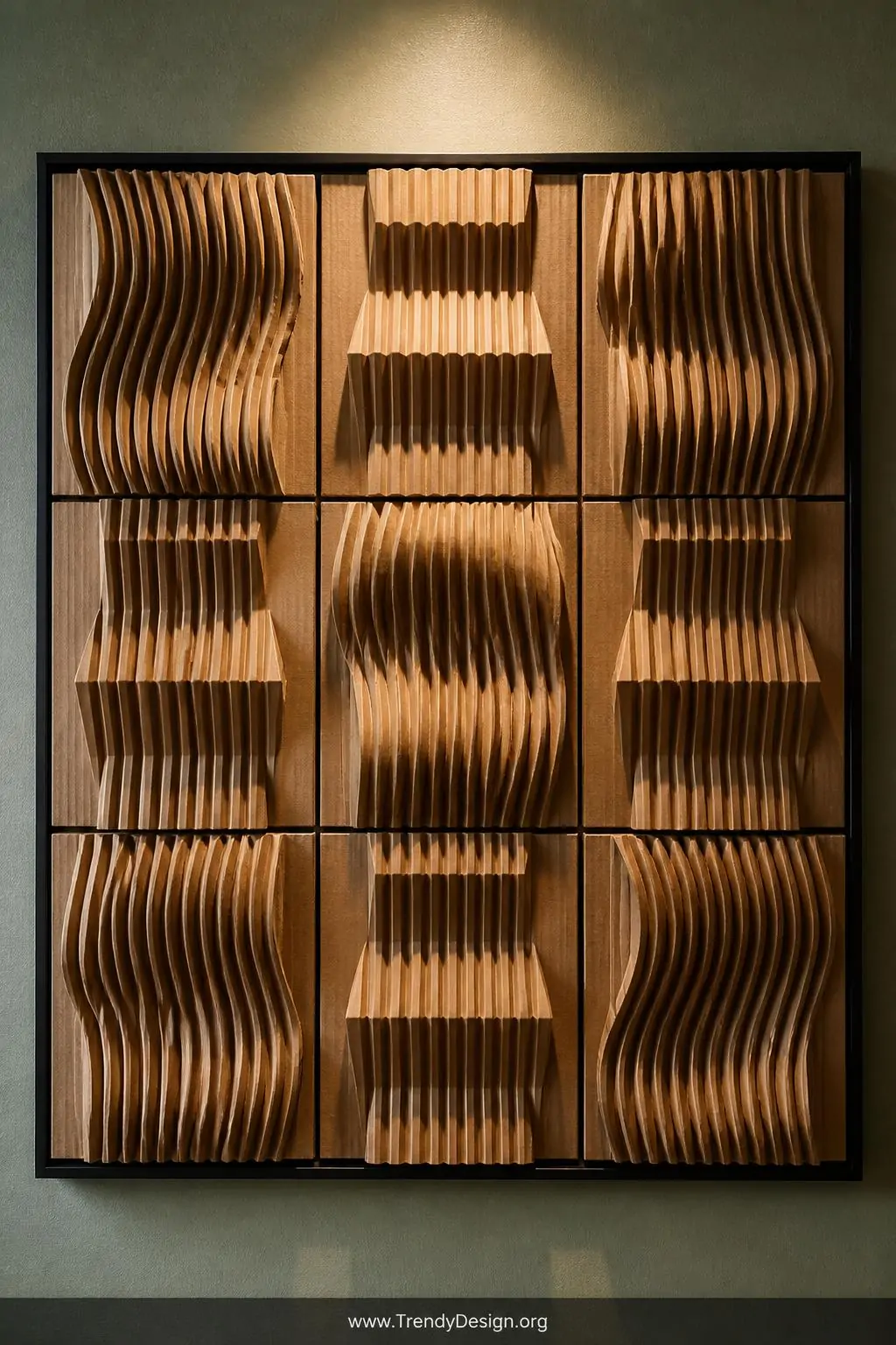 Corrugated cardboard wall art panels arranged in a symmetrical grid inside a thin black frame on a sage green wall, closeup showing dramatic ridged texture creating intricate light and shadow patterns across the wavy brown corrugation, soft directional spotlight overhead, photorealistic interior design