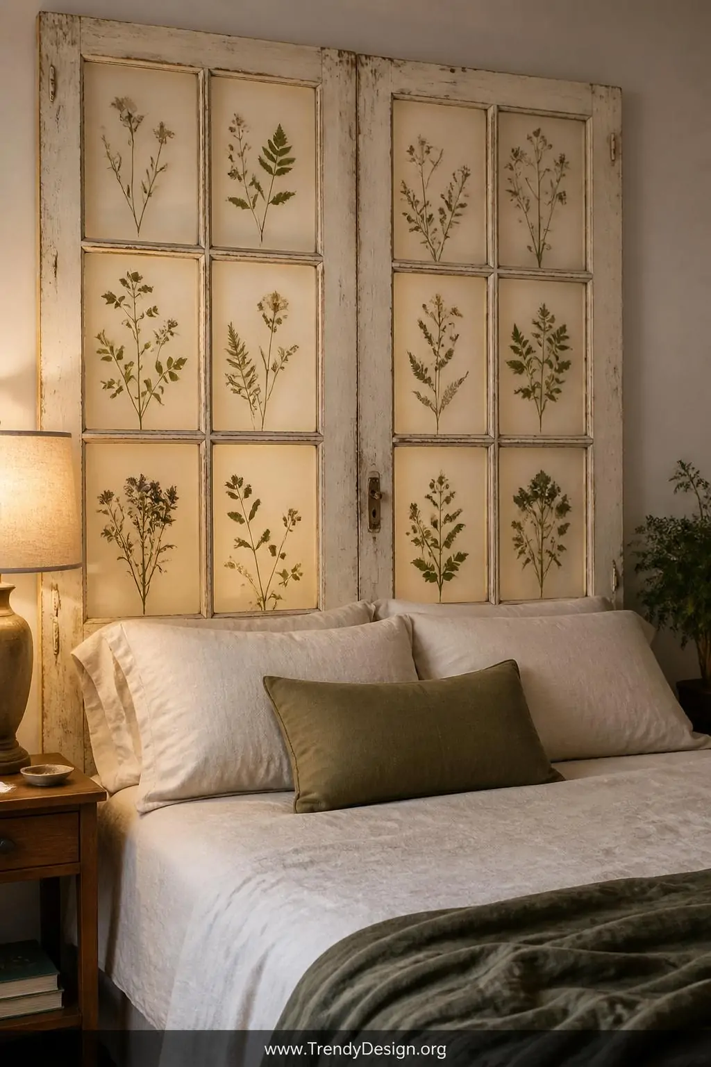Full-size antique French door mounted as a headboard behind a linen-dressed bed, individual glass panes filled with pressed botanical prints in cream and green tones, soft bedside lamp glow casting warm shadows across the gridded frame, medium shot, photorealistic interior design.