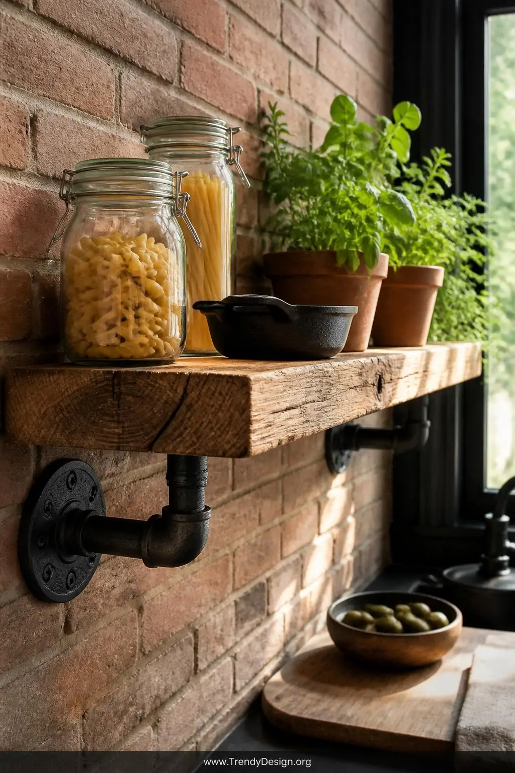 Reclaimed wood plank shelf with visible knots and grain variations mounted on black galvanized pipe bracket fittings against an exposed brick kitchen wall, holding glass jars of dried pasta, a small cast iron skillet, and fresh herb pots in terracotta, dramatic natural light from a nearby window raking across the wood texture, closeup medium shot, industrial farmhouse style.