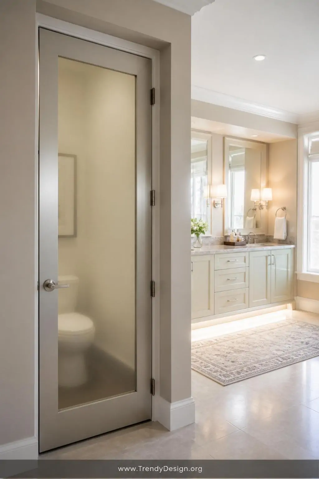 Frosted glass door of a private water closet tucked into a recessed niche within a master bathroom, transitional style, the surrounding space opening into a bright airy vanity area with warm cream walls and brushed nickel fixtures, medium shot showing the clean visual separation between the enclosed toilet room and the elegant open grooming space.