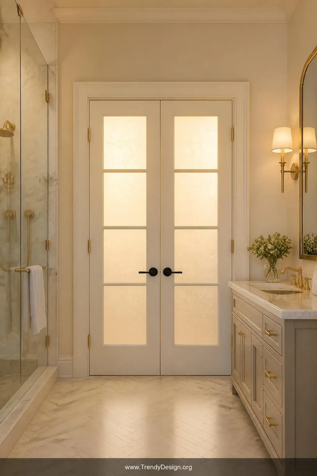 Frosted glass French door with matte black hardware at the entrance of a luxurious master bathroom, medium shot, warm diffused golden light glowing softly through the etched glass panels, brushed gold hinges catching ambient light, cream walls, herringbone marble tile floor, boutique hotel atmosphere, photorealistic interior design.