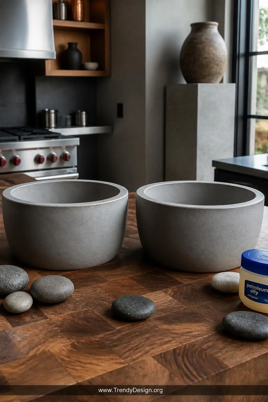Two clean symmetrical concrete bowls with crisp professional edges and matte pale gray finish sit side by side on a butcher b