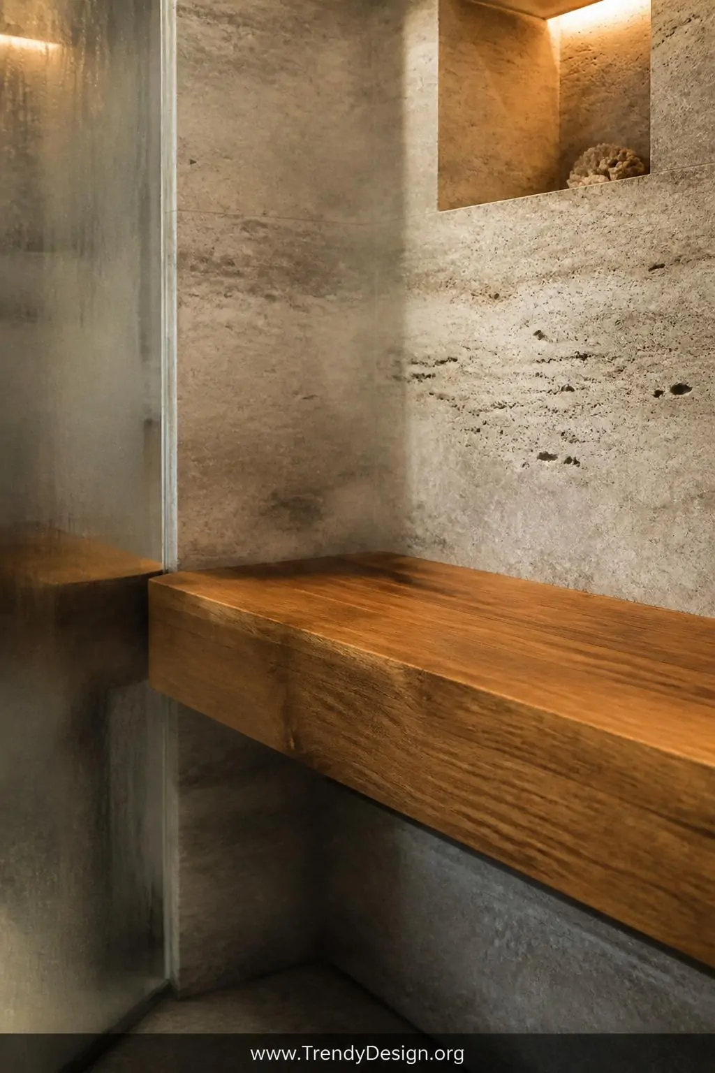 Closeup of a smooth honey-toned teak wood built-in bench set against rugged textured travertine stone shower walls, warm steam-diffused light catching the natural grain of the wood against the cool grey-beige stone surface, spa-style walk-in shower, closeup shot, photorealistic interior design.