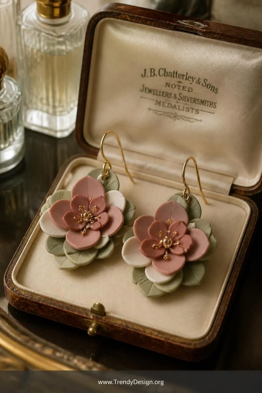 Delicate layered floral polymer clay earrings in dusty rose, sage green, and warm ivory with tiny gold center beads resting on an open vintage jewelry box lined with ivory silk atop a dressing table, soft diffused morning light creating gentle shadows between overlapping petals, closeup shot.